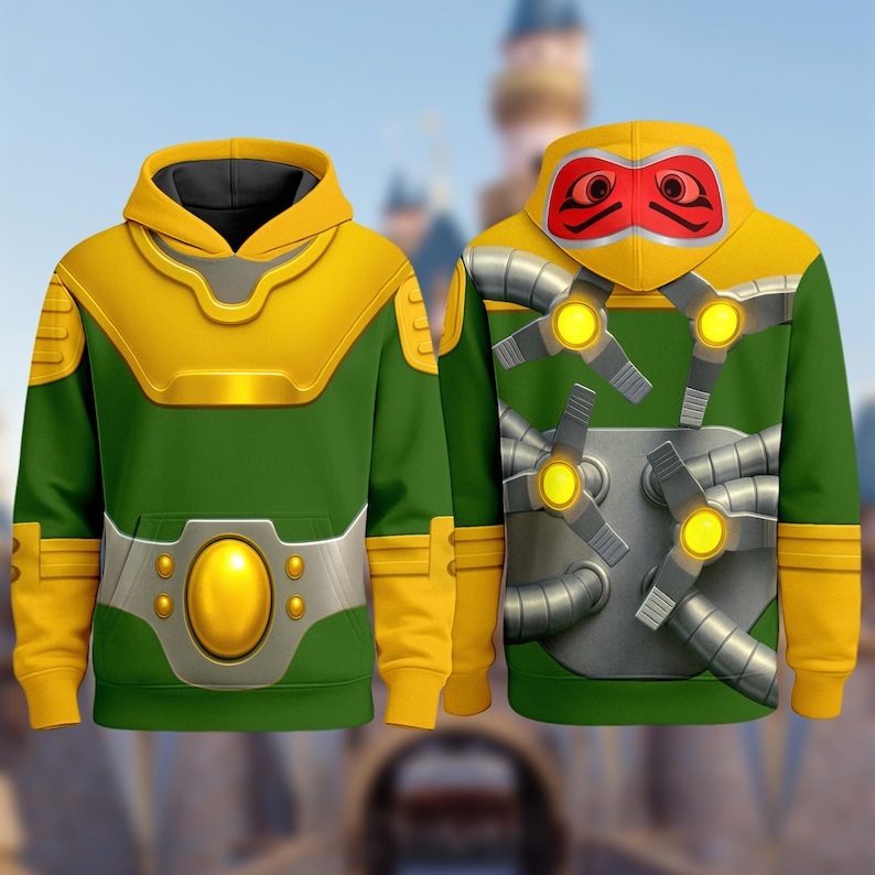 May include: Green and yellow hooded sweatshirt with a character design. The front features a yellow chest plate and belt with a large yellow oval. The back has a character's mechanical arms and face on the hood.