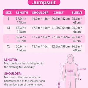 Puede incluir: Tabla de tallas rosa para un mono, con medidas en pulgadas y cent&iacute;metros. La tabla incluye talla, largo, hombro, pecho y manga para las tallas S, M, L y XL. Incluye s&iacute;mbolos de cuidado de la prenda e instrucciones de medici&oacute;n.