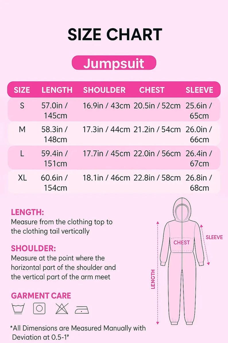 Puede incluir: Tabla de tallas rosa para un mono, con medidas en pulgadas y cent&iacute;metros. La tabla incluye talla, largo, hombro, pecho y manga para las tallas S, M, L y XL. Incluye s&iacute;mbolos de cuidado de la prenda e instrucciones de medici&oacute;n.