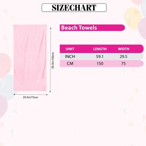 May include: A light pink beach towel with dimensions of 59.1 inches in length and 29.5 inches in width. The image includes a size chart with measurements in inches and centimeters. The text "Beach Towels" is displayed above the size chart.