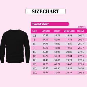 a size chart for a black sweatshirt, with measurements for different sizes ranging from XS to 6XL.