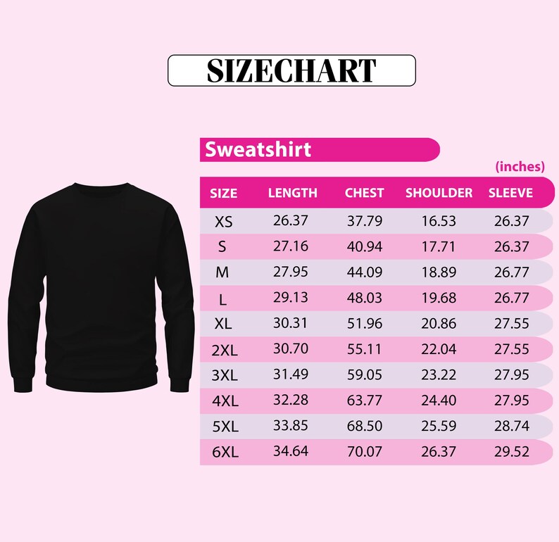 a size chart for a black sweatshirt, with measurements for different sizes ranging from XS to 6XL.