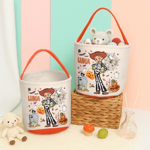 Personalized Toy Story Skeleton Basket, Custom Name Basket, Jessie Woody Candy Bags, Cowboy Cowgirl Tote, Toy Halloween Basket Gift image 6