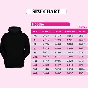 a size chart for a black hoodie, with measurements for different sizes ranging from XS to 6XL.
