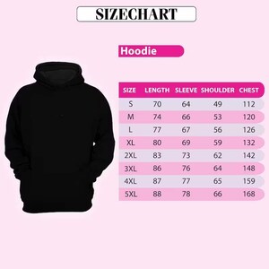a black hoodie with a size chart below it, providing measurements for different sizes.