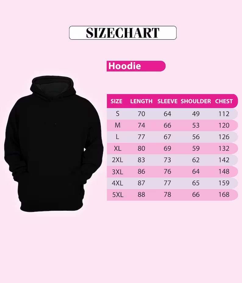 a black hoodie with a size chart below it, providing measurements for different sizes.