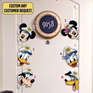 May include: Set of six Disney character door decorations. Mickey Mouse, Minnie Mouse, Donald Duck, Daisy Duck, Goofy, and Pluto are featured wearing captain hats. The door number is 9058. Text on the top left says "CUSTOM ANY CUSTOMER REQUEST".