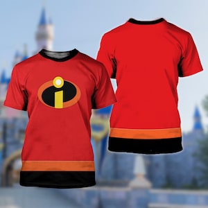 May include: Red t-shirts featuring the logo from the animated film, The Incredibles. The front of the shirt displays the logo in black, yellow, and white. The back of the shirt is solid red. The shirts have a black collar and a black and orange band at the bottom.