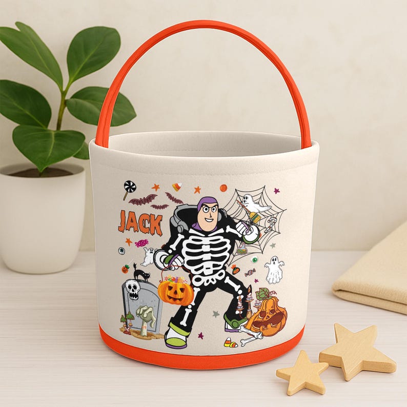 Personalized Toy Story Skeleton Basket, Custom Name Basket, Jessie Woody Candy Bags, Cowboy Cowgirl Tote, Toy Halloween Basket Gift image 3