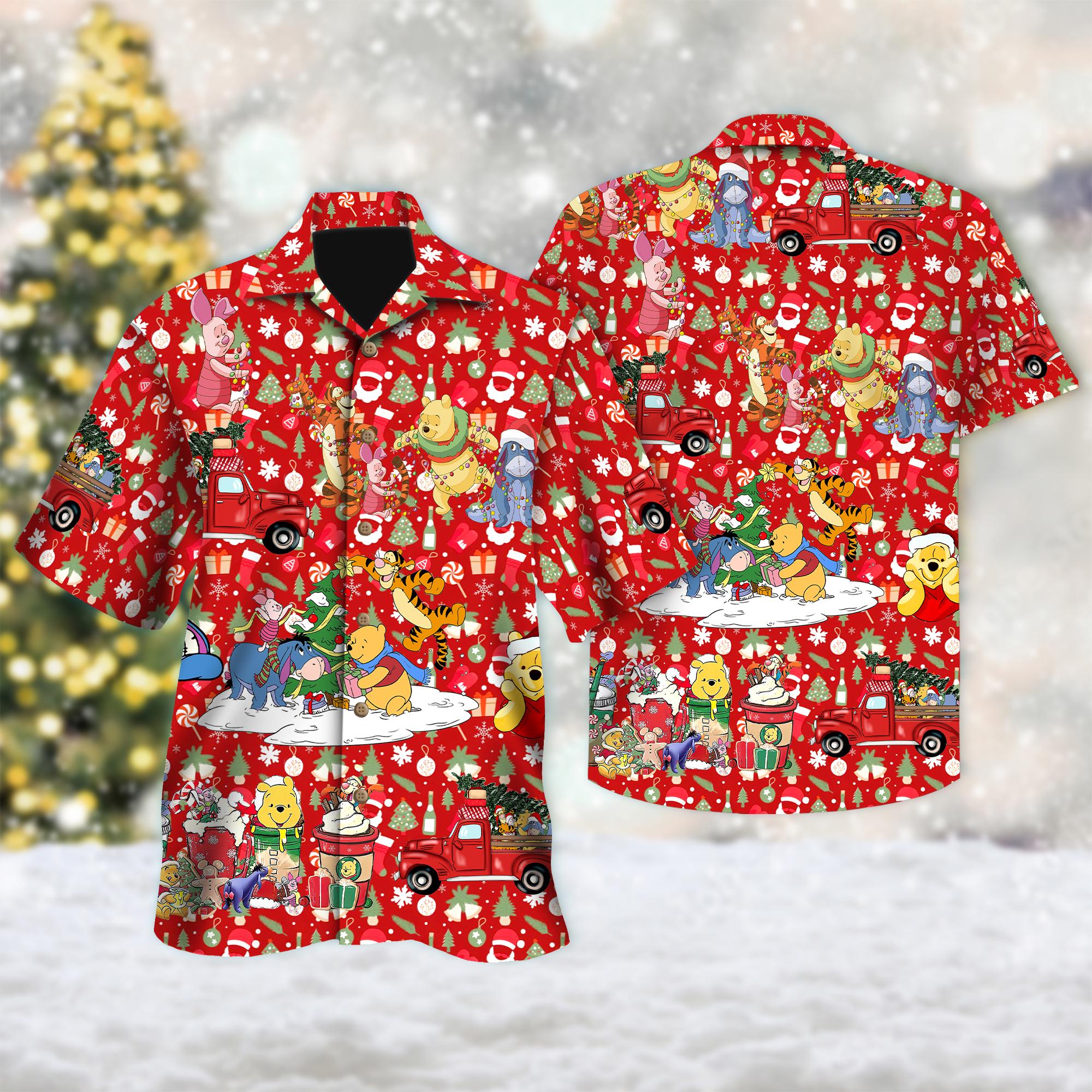 Discover Winnie the Pooh Christmas Hawaiian Shirt, Disney Pooh & Friends Santa Hat Hawaiian Shirt, Pooh Xmas Button Up Shirt, Magic Kingdom Shirt