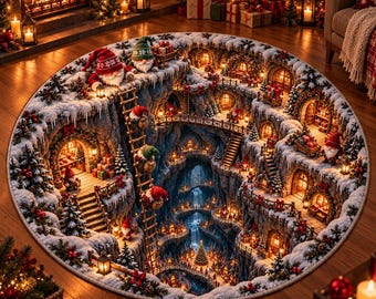 May include: A round area rug featuring a 3D-style illustration of a snowy mountain cavern village. The design includes multiple levels, stone archways, wooden ladders, glowing lanterns, evergreen trees, and small figures wearing red and green hats.