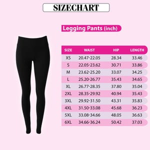 a pair of black leggings, along with a size chart that provides the measurements for different waist sizes, hip sizes, and lengths.