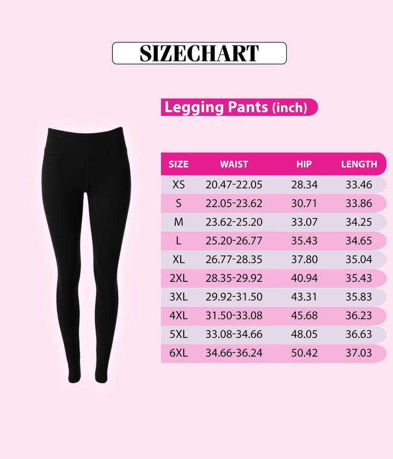 a pair of black leggings, along with a size chart that provides the measurements for different waist sizes, hip sizes, and lengths.
