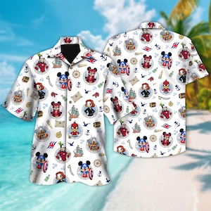 May include: White button-down shirt featuring a repeating pattern of cartoon characters in nautical-themed medallions. The design includes anchors, ships, compasses, and bottles. The shirt has a black collar and short sleeves.