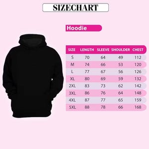 a black hoodie with a size chart below it, providing measurements for different sizes.