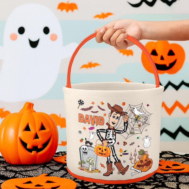 Personalized Toy Story Skeleton Basket, Custom Name Basket, Jessie Woody Candy Bags, Cowboy Cowgirl Tote, Toy Halloween Basket Gift image 1