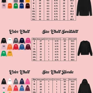 May include: A comprehensive size and color chart for long sleeve shirts, sweatshirts, and hoodies. The image displays three distinct sections, each featuring a color palette, a detailed measurement table in inches, and a black garment illustration.