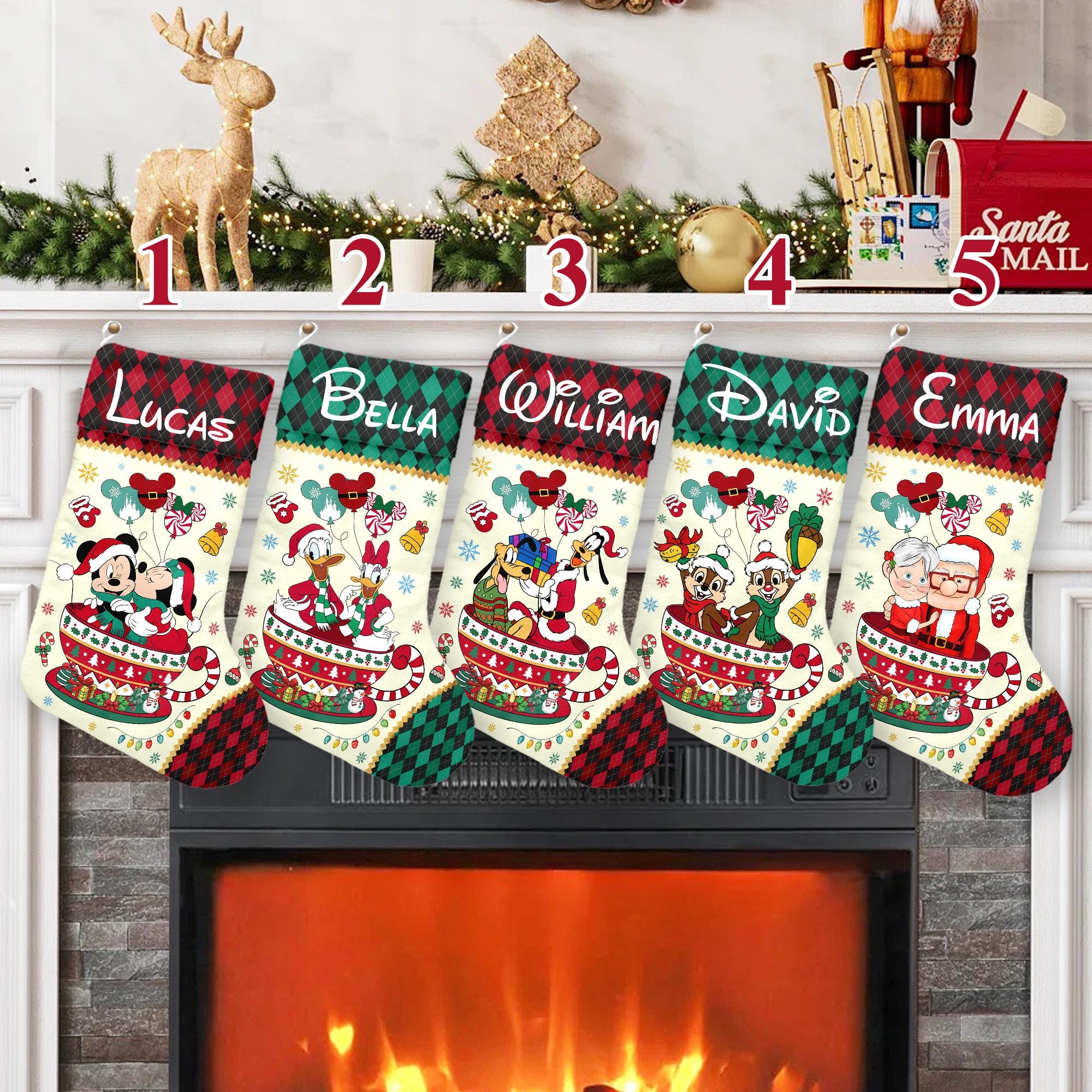 Discover Personalized Disney Couple Coffee Tea Cup Stockings With Name, Mickey and Friends Christmas Balloons Stocking, Disney Family Christmas Gifts