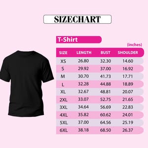 a size chart for a black t-shirt, with measurements for different sizes ranging from XS to 6XL.