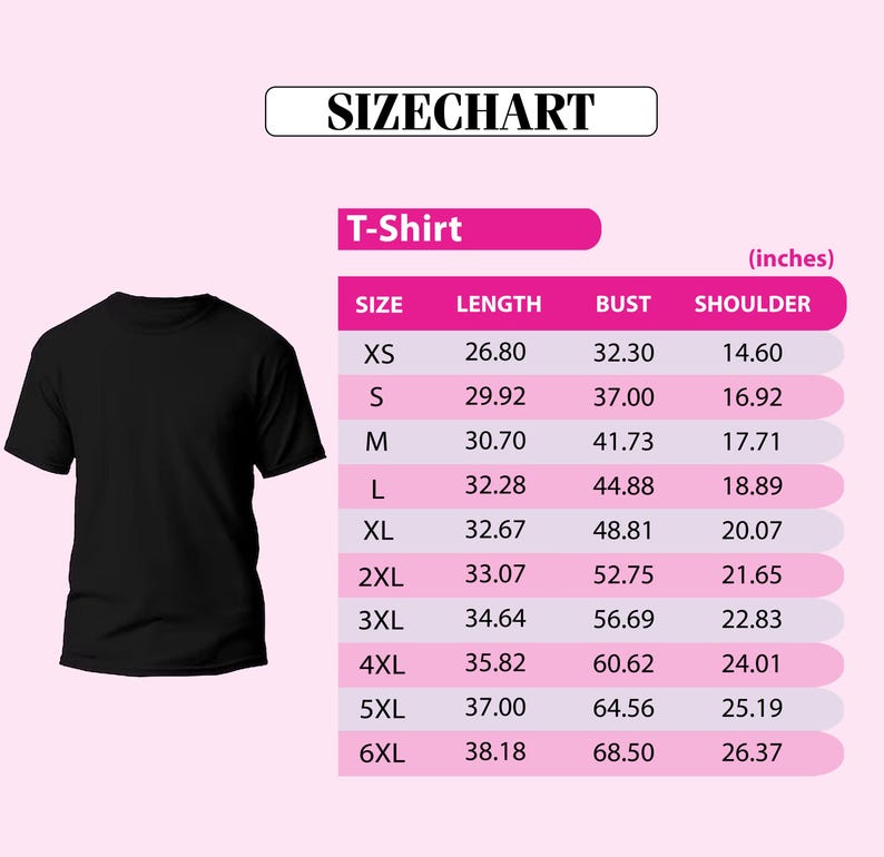 a size chart for a black t-shirt, with measurements for different sizes ranging from XS to 6XL.