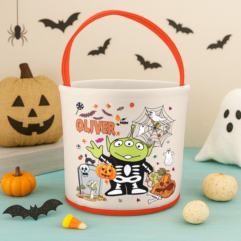 Personalized Toy Story Skeleton Basket, Custom Name Basket, Jessie Woody Candy Bags, Cowboy Cowgirl Tote, Toy Halloween Basket Gift image 2