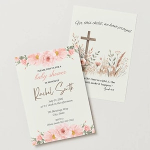 Christian Baby Shower Girl Invitation, Watercolor Baby Shower Invite, Digital Download, Baptism Baby Shower Invite, Editable Canva Template