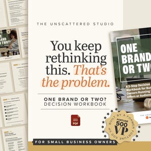 May include: A digital workbook titled "One Brand or Two?" with a PDF icon, designed for small business owners. The cover features the text "One Brand or Two?" and a photo. The image also includes worksheets and a "Built by a Former Fortune 500 VP" seal.