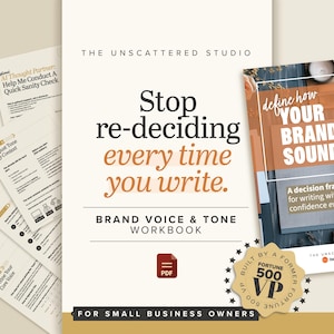 May include: A cream-coloured workbook titled "Brand Voice & Tone" with the text "Stop re-deciding every time you write." A smaller booklet on the right says "Define how YOUR BRAND SOUNDS." Includes a PDF icon.