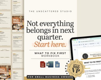 以下が含まれることがあります： 「What to Fix First」というタイトルのワークブックで、「Not everything belongs in next quarter. Start here.」というテキストが書かれています。画像には、ワークブックの内容が表示されたラップトップと、PDF、Word、ドキュメントのアイコンが含まれています。このワークブックは、中小企業のオーナー向けに設計されています。