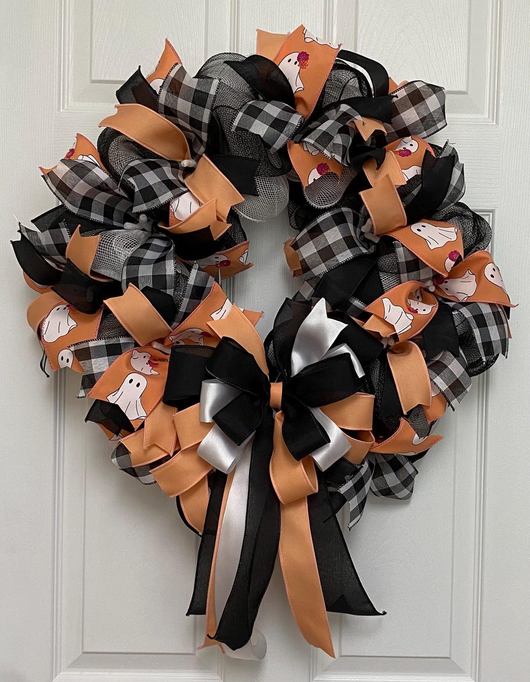 Plaid Halloween Wreath: Ghost Ribbon & Peach Accents - Fall Door Decor ...
