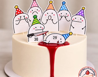Set imprimible de alta calidad para pastel y cupcakes de fiesta de cumpleaños con meme divertido de asesinato.