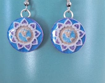 Nine Point Star Bahai Earrings, Handmade Spiritual Jewelry, Miniature Art Prints, Earth Earrings, Made in USA, Blue and Purple Earrings