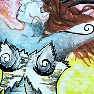 May include: A watercolor painting of a woman with long, flowing red hair. She is wearing a blue and white patterned dress with black swirls. The background is a yellow and green watercolor wash.
