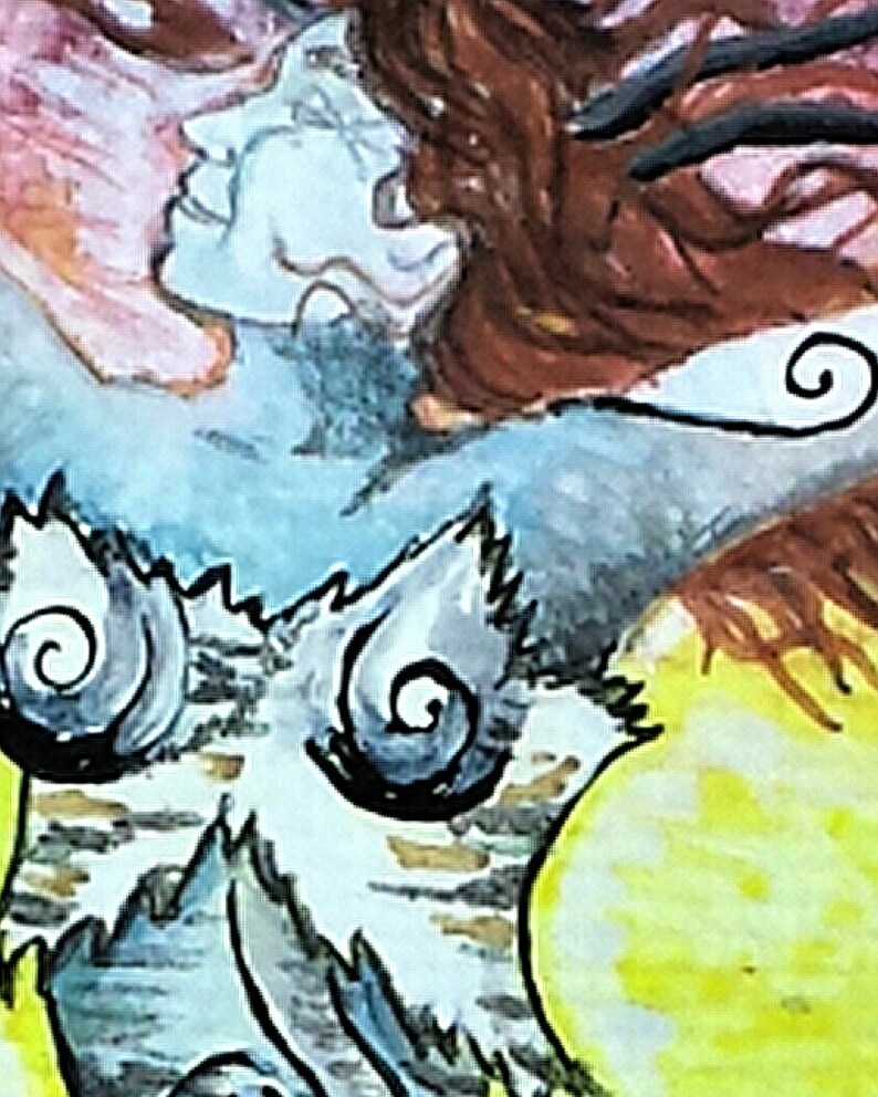 May include: A watercolor painting of a woman with long, flowing red hair. She is wearing a blue and white patterned dress with black swirls. The background is a yellow and green watercolor wash.