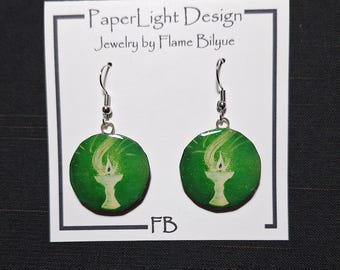 Green Flaming Chalice Earrings: Unitarian Universalist Art, Eco Friendly, Recycled Material, Upcycled Art, Lightweight Earrings