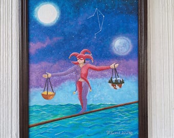 Libra Acrylic Painting: Zodiac Jester on Tightrope