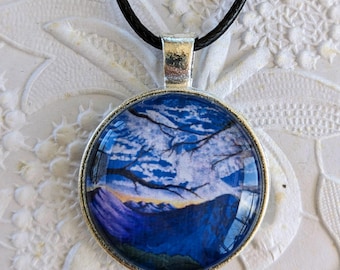 Eagle Necklace: Miniature Mountain Art Pendant, Spirit Animal, Miniature Art Print Pendant Clear Glass Cabochon, Silver Bezel Art Jewelry