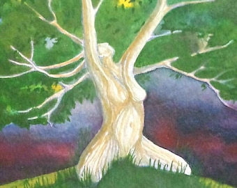 Watercolor Tree Woman Painting, Fine Art Print, Sensual, Tree of life, Fairy, Nymph, Goddess, Mother Earth, Fantasy, Landscapes,