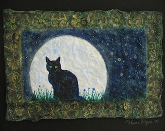 Black Cat,Full Moon,Wiccan Art,Pagan art,Cat portrait,Paper Mache,recycled materials,Familiar, Spirit Animal fantasy landscape, Flame Bilyue
