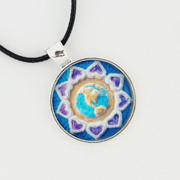 Nine Point Star Bahai Miniature Art Necklace, Earth, Globe, Peace Pendant, West Hemisphere, Birthday Gift, One Inch Round Glass Cabochon