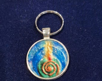 Spiral Flaming Chalice Necklace, Unitarian Universalist, Miniature Art Print Pendant, Clear Glass Cabochon, Silver Bezel Art Jewelry