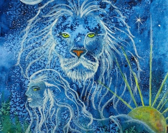 Leo Zodiac Watercolor Painting, Goddess and Lion, Spiritual Art Print