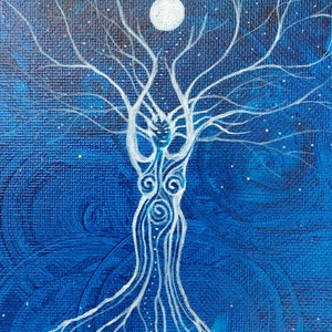 May include: A white tree with a female figure in the center, painted on a blue canvas with white stars. The tree has branches reaching up to a white moon. The painting is signed "J.Lanne Biscoe 2014".