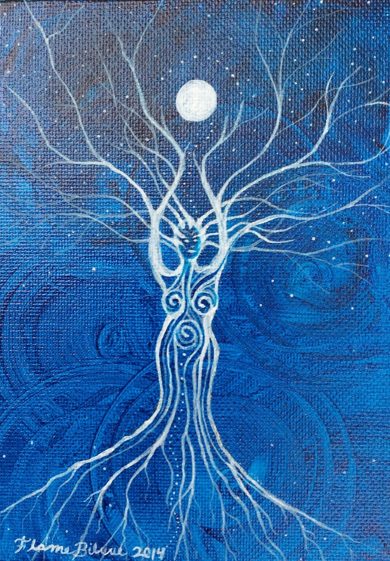 May include: A white tree with a female figure in the center, painted on a blue canvas with white stars. The tree has branches reaching up to a white moon. The painting is signed "J.Lanne Biscoe 2014".