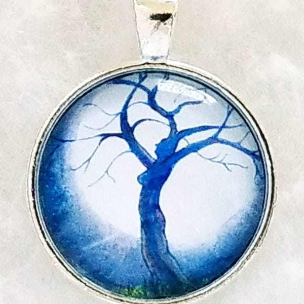 Dryads Moon Miniature Art Print Necklace Photo Pendant Fairies, Full Moon Tree People Visionary Celestial Fantasy Art Flame Bilyue