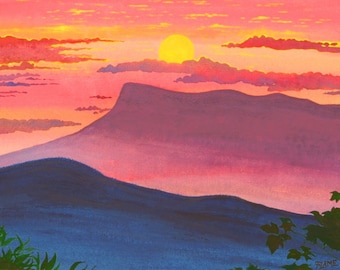 Blue Ridge Mountains Sunset Watercolor Painting, Massanutten, Swift Run Overlook, Skyline Drive, Pink Sunset