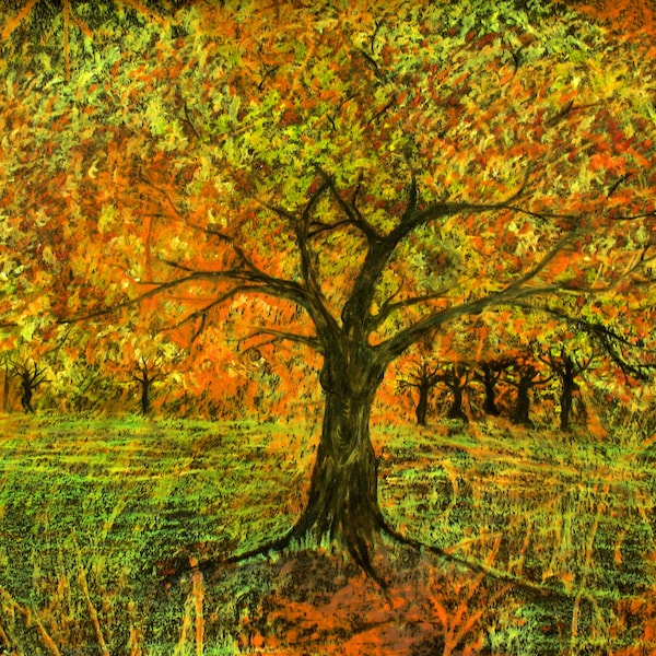 Autumn forest landscape, dancing tree figures, pagan imagery, fall colors, goddess tree, Autumn Equinox