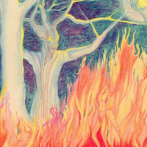 Fire Fairies, Watercolor, Wall Art, Tree Spirit, Dryads, Forest Fire, Dancing Flames, Tree Fairy, Pagan Art, Visionary Art, Shamanic Journey