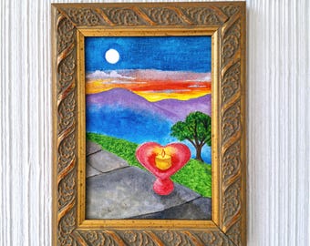 Heart Light Acrylic Painting: UU Flaming Chalice, Blue Ridge Sunset, Framed Art, UU Minister Ordination Gift, Unitarian Coming of Age Gift
