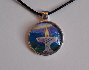 Flaming Chalice Necklace, Unitarian Universalist Art Jewelry, Miniature Art Print Pendant Clear Glass Cabochon, Silver Bezel Art Jewelry